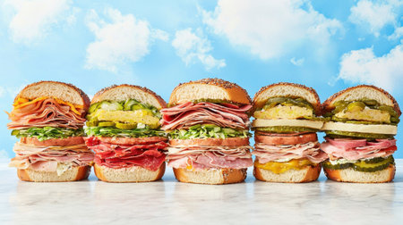 A vibrant display of gourmet sandwiches stacked high against a bright sky, showcasing a variety of fresh ingredients and flavors perfect for any meal or gathering.の素材