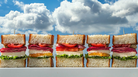 Vibrant sandwiches stacked high display layers of fresh ingredients against a bright blue sky adorned with fluffy clouds, perfect for lunch or a picnic.の素材