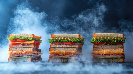 Discover an enticing display of three colorful sandwich stacks surrounded by wisps of smoke. Each sandwich features fresh ingredients for a delightful meal.の素材