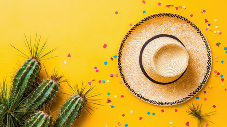 A vibrant yellow background featuring a straw hat, cacti, and colorful confetti, ideal for creative projects, summer themes, and festive occasions.の素材