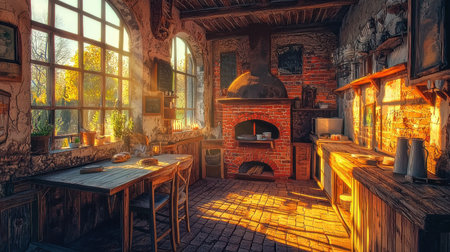 Explore a cozy rustic kitchen bathed in warm sunlight, featuring a stone oven and wooden furniture. Perfect ambiance for culinary creativity and comfort.の素材