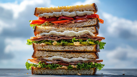 A beautifully arranged layered sandwich featuring fresh vegetables, creamy mayonnaise, and hearty bread slices, perfect for a delicious meal or snack.の素材