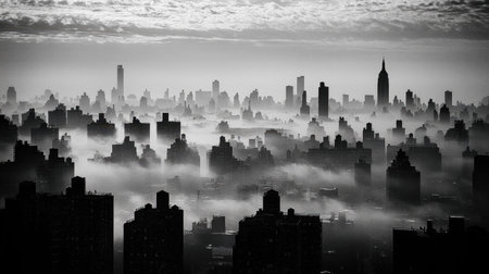 A captivating black and white image showcasing a misty urban skyline at dawn, where skyscrapers rise dramatically through low-hanging clouds, creating a serene atmosphere.の素材