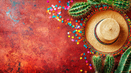 A beautiful arrangement featuring a straw hat, vibrant cacti, and colorful confetti on a rustic background. Perfect for summer celebrations and artistic designs.の素材