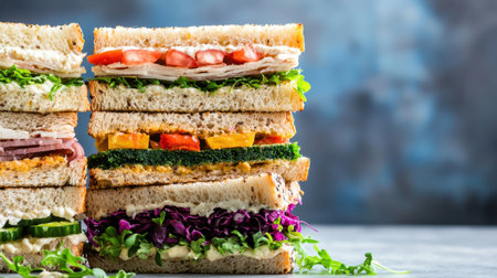 A vibrant stack of fresh sandwich layers showcases a variety of healthy ingredients, perfect for a nutritious lunch or snack option in any setting.の素材
