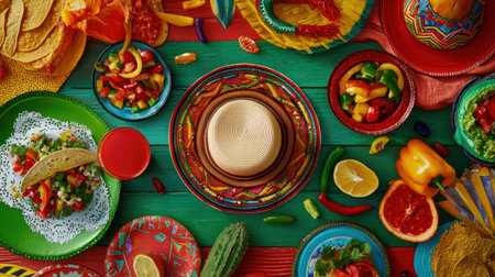 Experience a vibrant Mexican fiesta with a colorful table filled with traditional dishes, fresh ingredients, and festive decorations for joyful gatherings.の素材