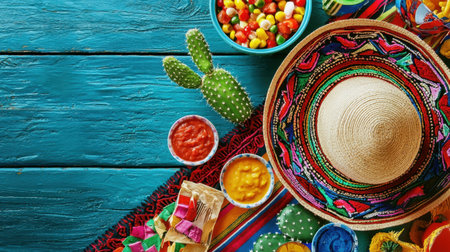 Bright and colorful overhead view of a festive Mexican table setting featuring sombrero, fresh ingredients, and vibrant decor, capturing joyous moments.の素材