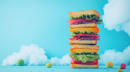 A vibrant and colorful layered sandwich made with fresh ingredients stands against a blue background. Perfect for food-related themes or culinary projects.の素材