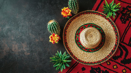 A vibrant sombrero surrounded by beautiful succulents and colorful flowers on a rustic background. Perfect for celebrations, decoration, and cultural themes.の素材