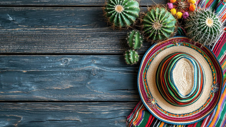 A vibrant Mexican hat rests beside various cacti on a rustic wooden surface. This arrangement reflects cultural heritage and natural beauty, perfect for themed decor.の素材