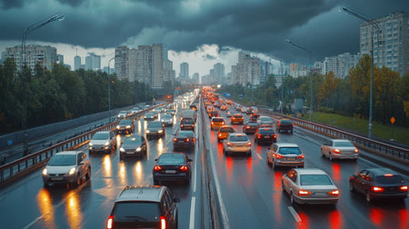 A bustling city highway is filled with vehicles under dark, stormy skies as rain creates a reflective surface, capturing urban life during a twilight commute.の素材