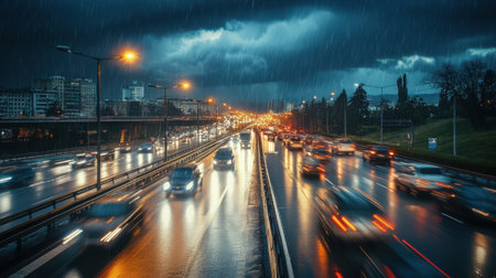 A captivating urban scene showcasing heavy traffic on a rainy highway during evening hours. Dark clouds loom overhead, creating a dramatic atmosphere.の素材
