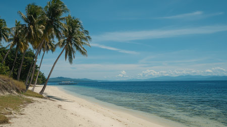 Discover a serene tropical beach scene featuring swaying palm trees, clear water, and soft sand. Experience nature's beauty in a tranquil setting perfect for relaxation.の素材