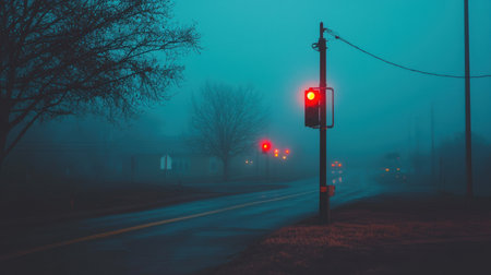 A captivating night scene showcases red traffic lights shrouded in fog. The atmospheric setting evokes a sense of mystery and tranquility on an empty street.の素材