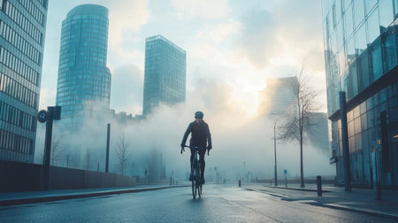 A lone cyclist rides through a foggy urban environment as skyscrapers emerge in the early morning light, capturing the essence of adventure and solitude.の素材