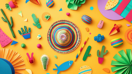 A vibrant collection of colorful paper crafts and decorations set against a sunny backdrop. Perfect for evoking joyful summer party themes and playful creativity.の素材