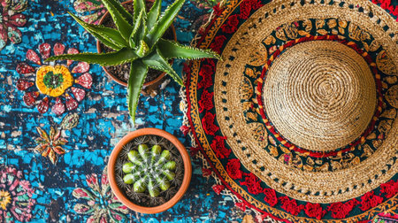 A vibrant arrangement showcasing a straw hat, cactus, and colorful textiles, perfect for summer decor or artistic home styling with natural elements.の素材