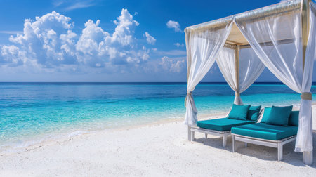 Enjoy a peaceful beachfront scene featuring a luxurious canopy with loungers under a bright blue sky and soft, fluffy clouds above turquoise waters.の素材