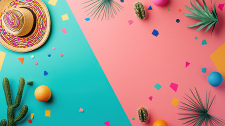 Vibrant summer-themed image featuring colorful decorations, tropical elements, and a wide-brimmed hat, perfect for evoking joy and relaxation in any project.の素材