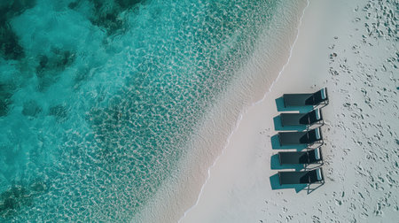 A stunning aerial view of beach chairs lined up along a sandy shore, perfectly framing the crystal clear turquoise water. This image captures the essence of tropical relaxation.の素材