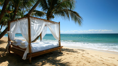 A peaceful beach scene featuring a comfortable bed surrounded by palm trees, inviting relaxation under a clear blue sky and calming ocean waves.の素材