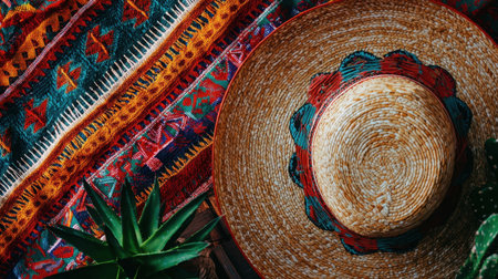 Beautiful overhead view of a colorful Mexican hat on vibrant textiles with green plants. Ideal for showcasing traditional craftsmanship and cultural aesthetics.の素材