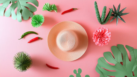 Brighten up your summer with this fun arrangement featuring a stylish straw hat, colorful plants, and playful decor on a pink background. Perfect for seasonal inspiration!の素材