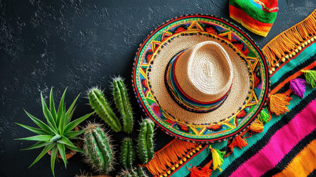 A vibrant arrangement featuring a traditional Mexican hat, colorful blanket, and various cacti. Perfect for celebrating cultural heritage and festive decor.の素材