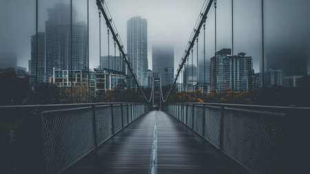 A captivating image of an urban suspension bridge leading to a fog-covered city skyline. The moody atmosphere highlights architecture and nature.の素材