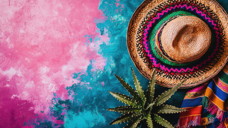 A vibrant and artistic display featuring a colorful Mexican hat and a cactus on a textured background in shades of pink and blue, perfect for cultural themes.の素材