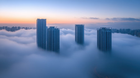 An enchanting cityscape scene featuring modern skyscrapers rising above thick fog. The soft morning light creates a serene atmosphere, showcasing urban beauty.の素材