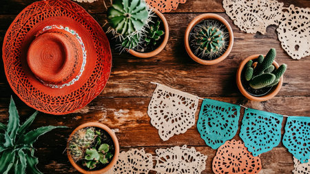 A vibrant arrangement featuring colorful cacti in terracotta pots, a bright sombrero, and handmade papel picado, perfect for festive occasions and celebrations.の素材
