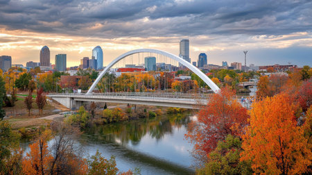Stunning autumn sunset over a vibrant city skyline, featuring a bridge and colorful trees reflecting in the river. A perfect blend of nature and architecture.の素材