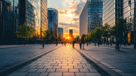 A vibrant city street at sunset showcases modern skyscrapers and bustling pedestrians. The scene captures the essence of urban life with nature's beauty.の素材
