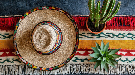 Charming overhead view featuring a rustic Mexican hat, a cactus, and a succulent plant on a vibrant textile background, perfect for cultural and lifestyle themes.の素材