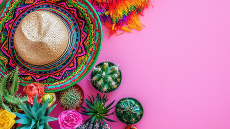 A vibrant arrangement featuring a straw hat, colorful flowers, and various cacti against a pink backdrop, perfect for festive occasions and summer decorations.の素材