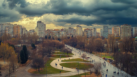 This captivating urban scene features a park set against a dramatic sky filled with dark clouds. People walk along winding paths, surrounded by a blend of nature and city.の素材