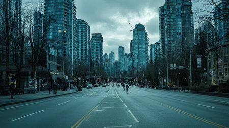 A captivating urban scene in Vancouver showcasing skyscrapers under a dramatic cloudy sky. The image captures the blend of architecture and nature in a bustling city.の素材