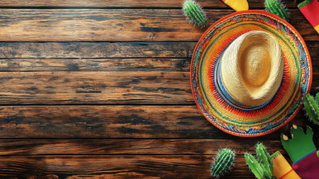 A colorful straw hat surrounded by cacti and festive decorations on a rustic wooden background, perfect for summer celebrations, cultural events, or holiday festivities.の素材