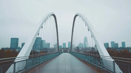 A striking modern bridge arches gracefully over a calm pathway, with a foggy city skyline in the background. The urban environment showcases contemporary design.の素材