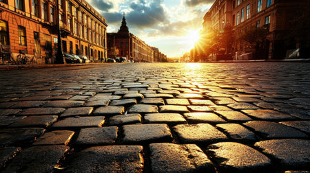 A stunning view of a cobblestone street under a golden sunset, framed by historic buildings. The scene conveys warmth and tranquility, perfect for travel and architecture themes.の素材