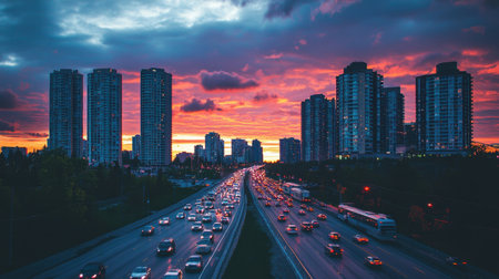 A stunning sunset casts vibrant colors over a bustling city skyline, with traffic flowing along the highway below. This urban view captures both movement and tranquility.の素材