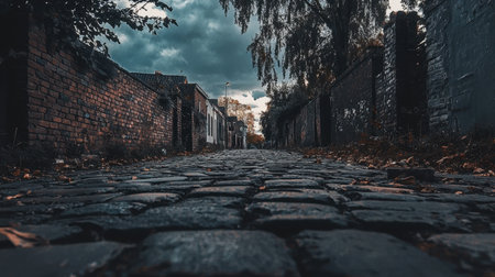 An atmospheric view of a cobblestone street framed by old walls and trees, set under dramatic dark clouds. Perfect for capturing urban tranquility and rustic charm.の素材