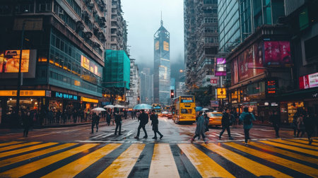 A lively urban street scene featuring pedestrians crossing a wet road under umbrellas. Skyscrapers rise in the background, creating a vibrant city atmosphere.の素材