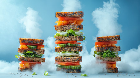 Vibrant stacked sandwiches filled with fresh vegetables sit against a blue background, enveloped in intriguing smoke, showcasing culinary creativity and appeal.の素材