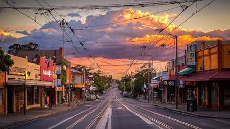 This stunning image captures a tranquil street scene at sunset, featuring vibrant colors in the sky and charming shops lining the road. Perfect for travel or urban themes.の素材