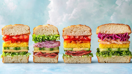 A vibrant array of stacked sandwiches showcasing fresh ingredients, colorful layers, and inviting textures. Perfect for meal inspiration and culinary photography.の素材