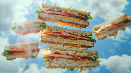 A whimsical image of floating sandwiches against a blue sky, featuring fresh ingredients and vibrant colors. Perfect for creative culinary projects.の素材