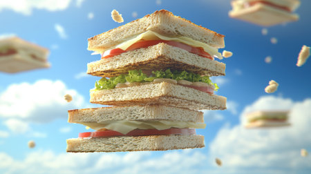 This imaginative image showcases a floating sandwich made of fresh ingredients against a bright blue sky, capturing a sense of fun and creativity.の素材