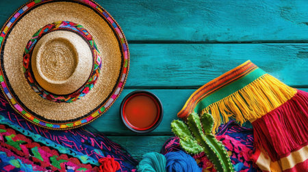 Celebrate vibrant Mexican culture with this colorful arrangement featuring a traditional hat, textile drapery, a cactus, and artistic elements.の素材